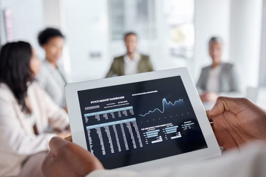 Tablet in hands, screen and stock market dashboard, statistics with data analytics, business people in meeting and graph. Trading, closeup and digital device with analysis, information and fintech.