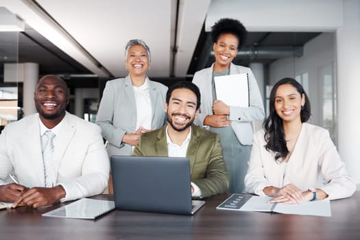 Business people, portrait smile and team collaboration in meeting strategy or planning at office. Diverse group of happy employees working together in teamwork for corporate plan or goal at workplace.