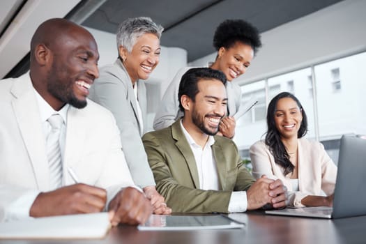 Business people, laptop and meeting in team collaboration or corporate webinar at the office. Happy diverse group of employees working on computer together for teamwork in conference at the workplace.