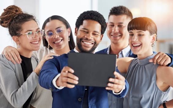 Selfie, office smile and business people in group staff or team building, tablet photography or online diversity post. Professional friends, career influencer or employees in teamwork profile picture.