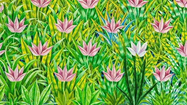 An illustrated painting of a green grass field filled with pink flowers