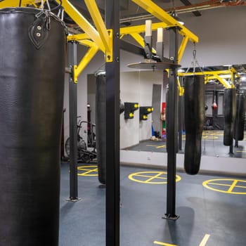 A vertical shot of boxing bags in the sports complex