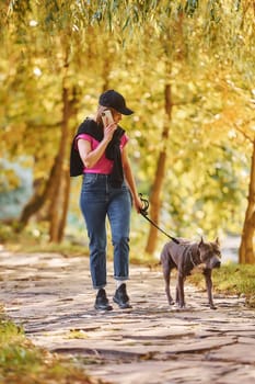 Having fun. Woman in casual clothes is with pit bull outdoors.