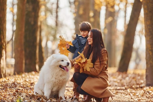 WIth cute dog. Mother with her son is having fun outdoors in the autumn forest.