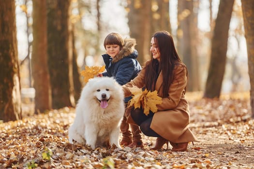WIth cute dog. Mother with her son is having fun outdoors in the autumn forest.