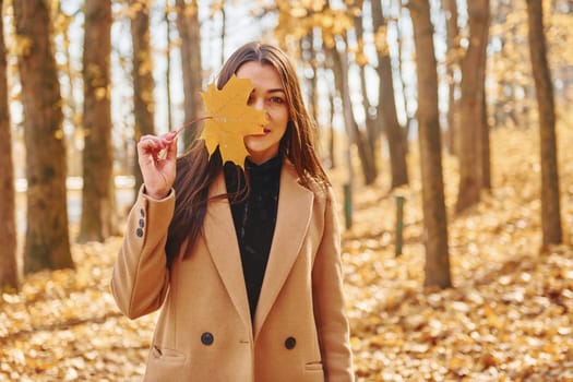 Woman in coat have walk in the autumn forest.