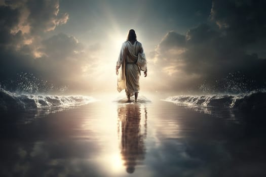 Jesus Christ walks on water. Religious concept . Bible. Faith. Drawing with paints. Painting.