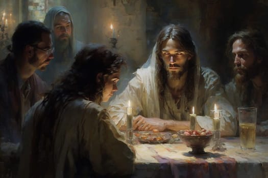 The Last Supper. The religious concept of the assembly of Jesus Christ with the 12 apostles. Bible. Faith. Drawing with paints. Painting.