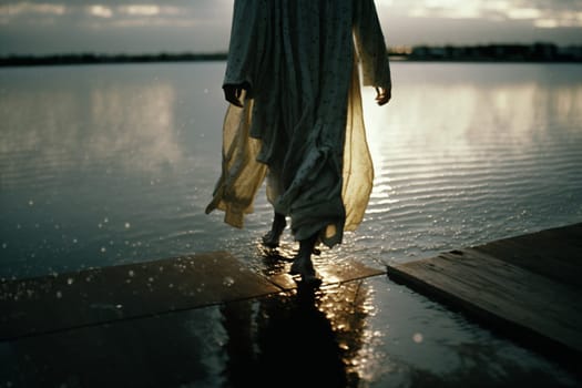 Jesus Christ walks on water. Religious concept . Bible. Faith. Drawing with paints. Painting.