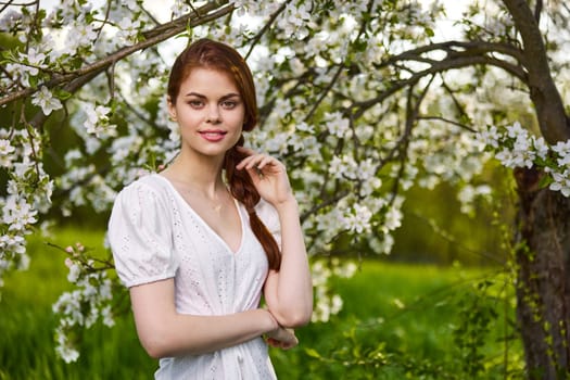 portrait of a young beautiful woman in a white dress among the branches of a flowering apple tree. High quality photo