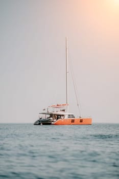 Aerial boat race. Luxury cruise trip. View from above of white boat on deep blue water. Aerial view of rich yacht sailing sea. Motor boat racing wave. Summer journey on luxury ship