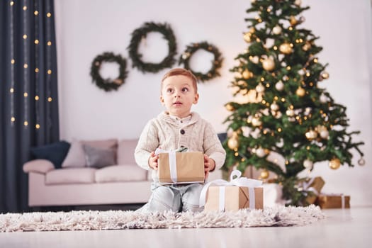 Young little boy with gift box in hands is at home with new year decorations and green tree.