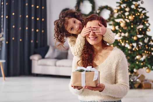 Making surprise. Mother with her little daughter is at home. Christmas decorations.