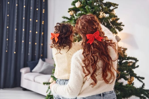 Rear view. Mother with her little daughter is at home. Christmas decorations.