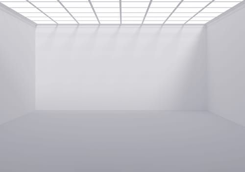 Roof with lights on Futuristic empty room exhibition in white background. 3D rendering.