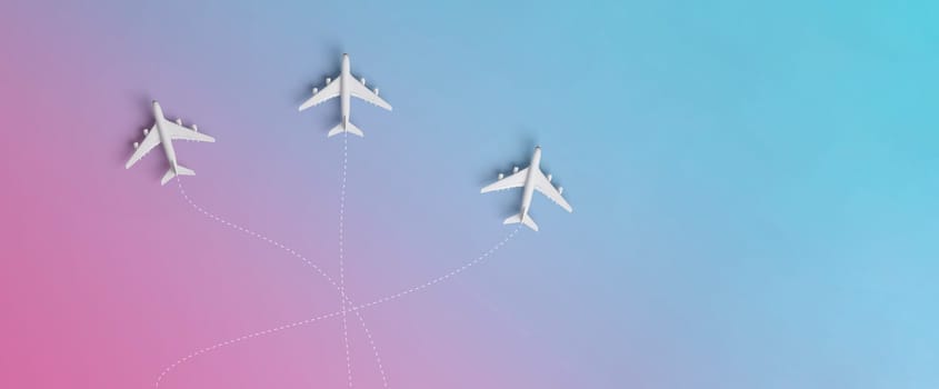 Three airplanes travelling to different destinations in gradient background. holiday or business trip concept. 3D rendering.
