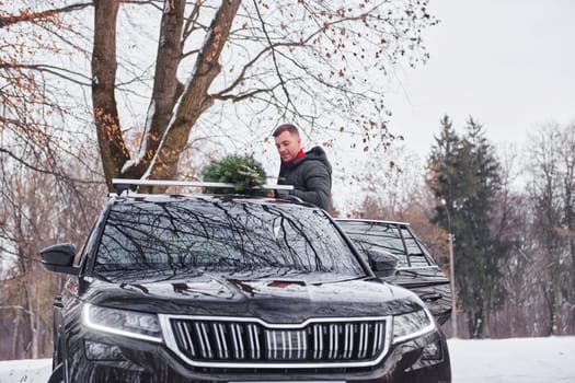 Preparing for the weekend. Man with little green fir is outdoors near his car. Conception of holidays.