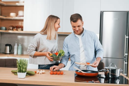 Preparing dinner. Couple at home on the modern kitchen.