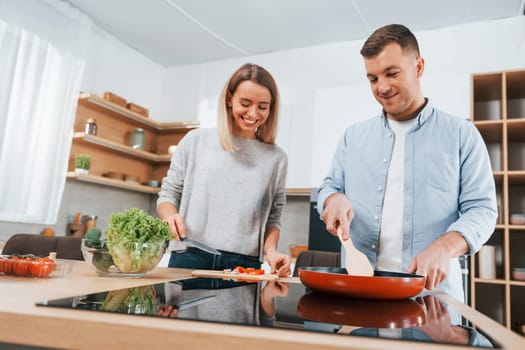 Frying food in a pan. Couple preparing food at home on the modern kitchen.
