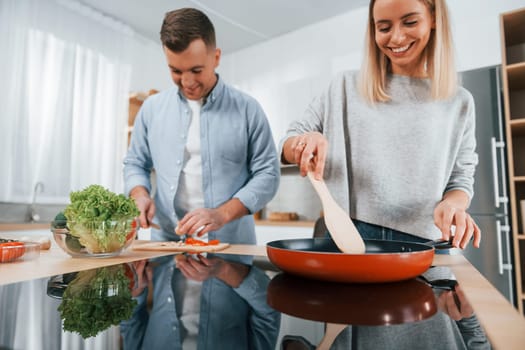 Frying food in a pan. Couple preparing food at home on the modern kitchen.