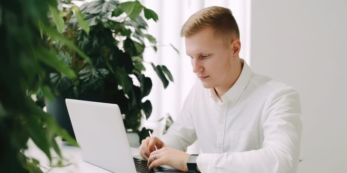 businessman using laptop computer in office. distinct generative AI image.