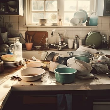 Compulsive Hoarding Syndrom - messy kitchen with pile of dirty dishes.