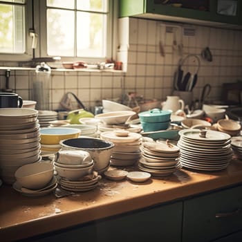 Compulsive Hoarding Syndrom - messy kitchen with pile of dirty dishes.