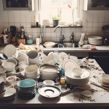 Compulsive Hoarding Syndrom - messy kitchen with pile of dirty dishes.