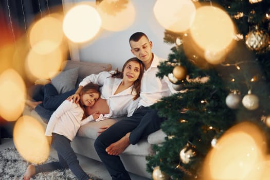 Christmas decoration. Happy family celebrating holidays indoors together.