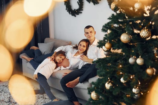 Christmas decoration. Happy family celebrating holidays indoors together.