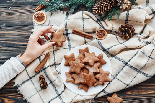 Sweet cookies. Christmas background with holiday decoration.