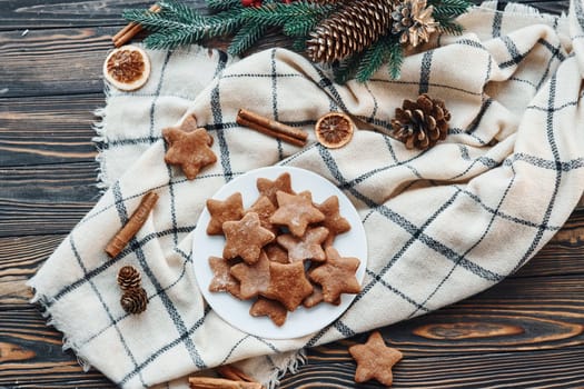 Sweet cookies. Christmas background with holiday decoration.