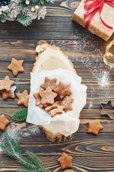 Wooden table. Christmas background with holiday decoration.