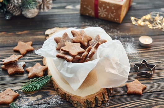 Wooden table. Christmas background with holiday decoration.