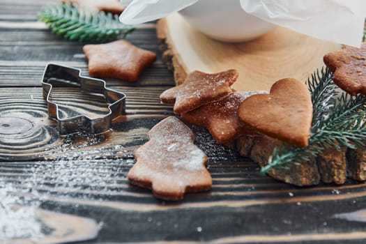 Wooden table. Christmas background with holiday decoration.