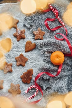 Sweets and cookies. Christmas background with holiday decoration.