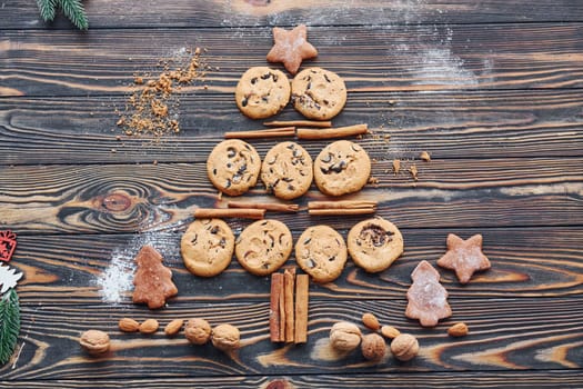 Sweets and cookies. Christmas background with holiday decoration.