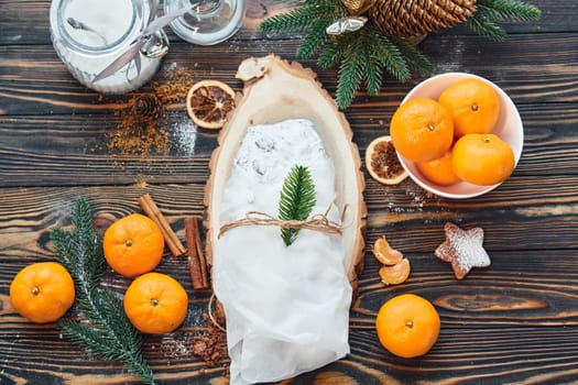 Close up view of stollen. Christmas background with holiday decoration.