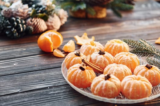 Many of the oranges. Christmas background with holiday decoration.