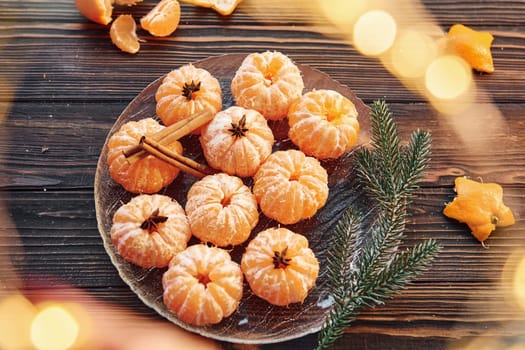 Many of the oranges. Christmas background with holiday decoration.