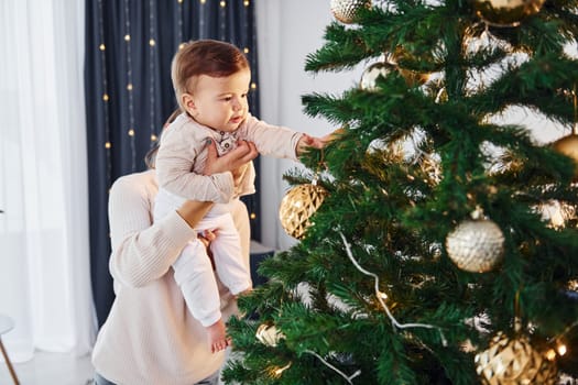 With beautiful tree. Mother with her little daughter is indoors at home together.