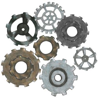 Grey and Brown Gear Composition Isolated on White Background. Steampunk Gears in Motion.