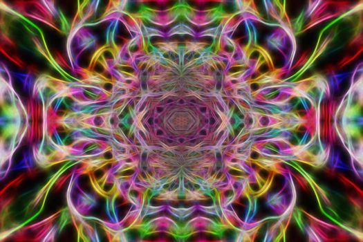 Abstract multicolored fractal neon kaleidoscope background.
