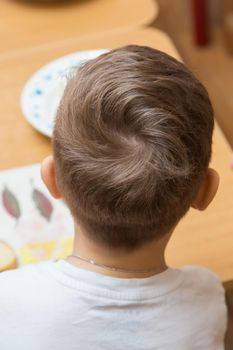 The back of a boys head with curled hair on top. Close-up of a hairstyle on a child's head. Back view of the head of a man with a short haircut.