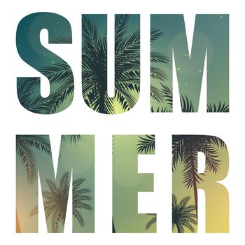 Summer Word from Beautifil Palm Tree Leaf Silhouette Background Vector Illustration EPS10