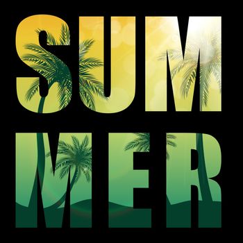 Summer Word from Beautifil Palm Tree Leaf Silhouette Background Vector Illustration EPS10