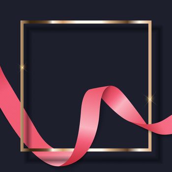 Pink Ribbon and Golden Frame on Dark Background. Vector Illustration EPS10