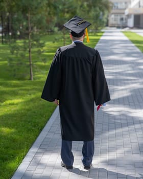 Rear view of an elderly man in a graduation gown