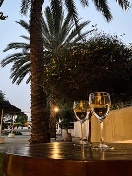 Glass of white wine on the wooden table, reflection of palm trees in a glass of white wine. High quality photo