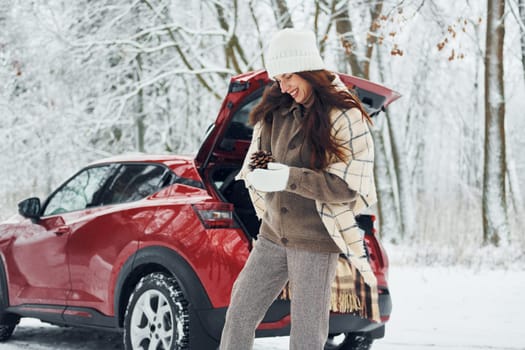 Cheerful emotions. Beautiful young woman is outdoors near her red automobile at winter time.